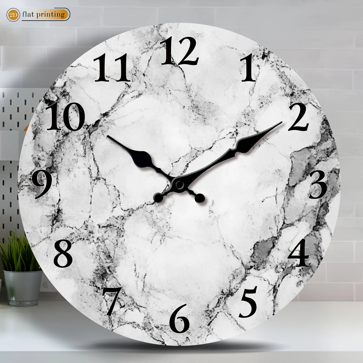 Marble-patterned Wall Clock/Black Numerals/Silent /2D Flat Printing(AA Batteries Not Included)