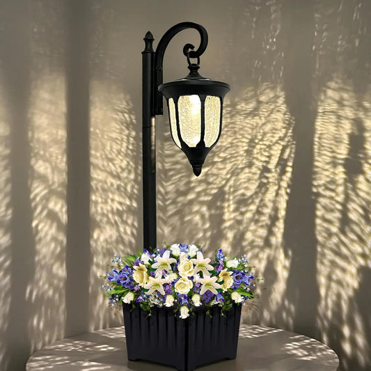 Solar Lamp Post Light with Planter, with Crackle Glass, for Garden Patio