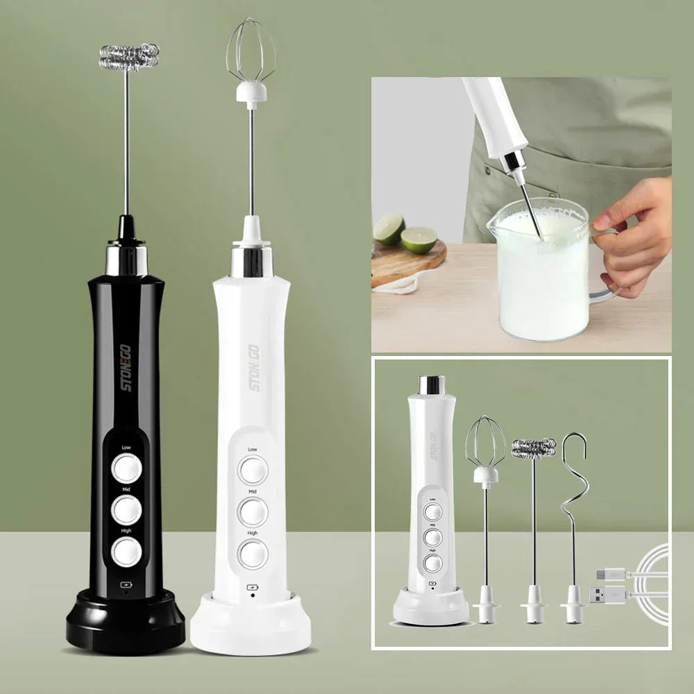 USB Rechargeable Milk Frother, Mini Handheld Electric Foam Maker, 3 Speed Stainless Steel Whisks for Latte Coffee Cappuccino Hot Chocolate