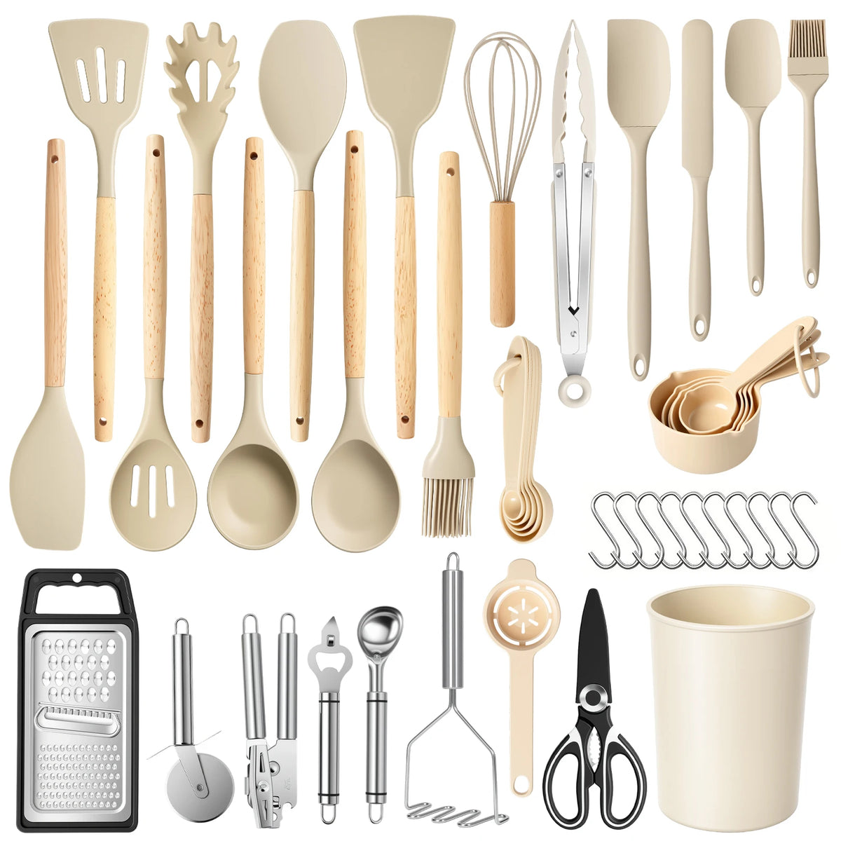 Silicone Wooden Handle 44-Piece Non-Stick  Kitchen Utensil Set, Food-Grade Heat-Resistant Cookware Set for Kitchen & Baking