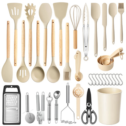 Silicone Wooden Handle 44-Piece Non-Stick  Kitchen Utensil Set, Food-Grade Heat-Resistant Cookware Set for Kitchen & Baking