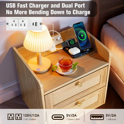 Set of 2 Nightstands with Charging Station, Modern Rattan, Solid Wood Legs