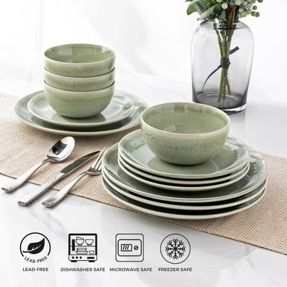 Ceramic Dinnerware Sets for 4, 12 Piece Handpainted Plates and Bowls, Scratch Resistant Stoneware Dishes