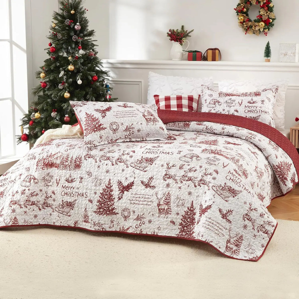 3 Piece Christmas Quilt Set, King Size Breathable Holiday Bedspread Coverlet, Winter Bedding Holiday Season, Bedroom Decor, Soft Breathable  For Xmas Decor QuiltX1,PillowcasesX2