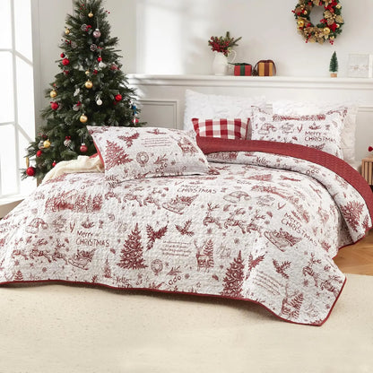 3 Piece Christmas Quilt Set, King Size Breathable Holiday Bedspread Coverlet, Winter Bedding Holiday Season, Bedroom Decor, Soft Breathable  For Xmas Decor QuiltX1,PillowcasesX2