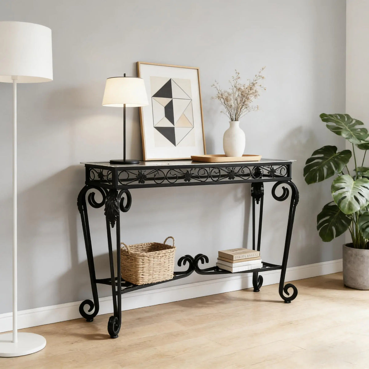 Modern Style Fancy Glass and Metal Table for Entrance, Console Tables for Entryway, Sturdy Hallway Table with Storage