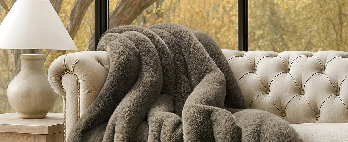 Faux Chinchilla Fur Throw Blanket, 60"x80", Birch Mink