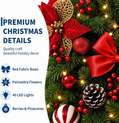 9 ft Christmas Garland with 40 LED Lights, 8 Lighting Modes and Timer, Garland Wreaths Decoration Outdoor Yard Pine Tree Rattan Hanging Ornament