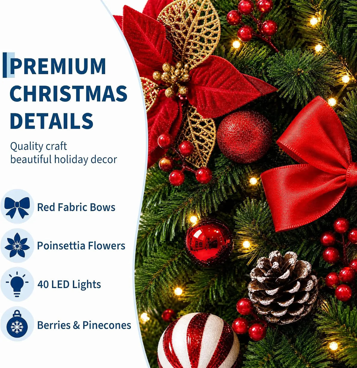 9 ft Christmas Garland with 40 LED Lights, 8 Lighting Modes and Timer, Garland Wreaths Decoration Outdoor Yard Pine Tree Rattan Hanging Ornament