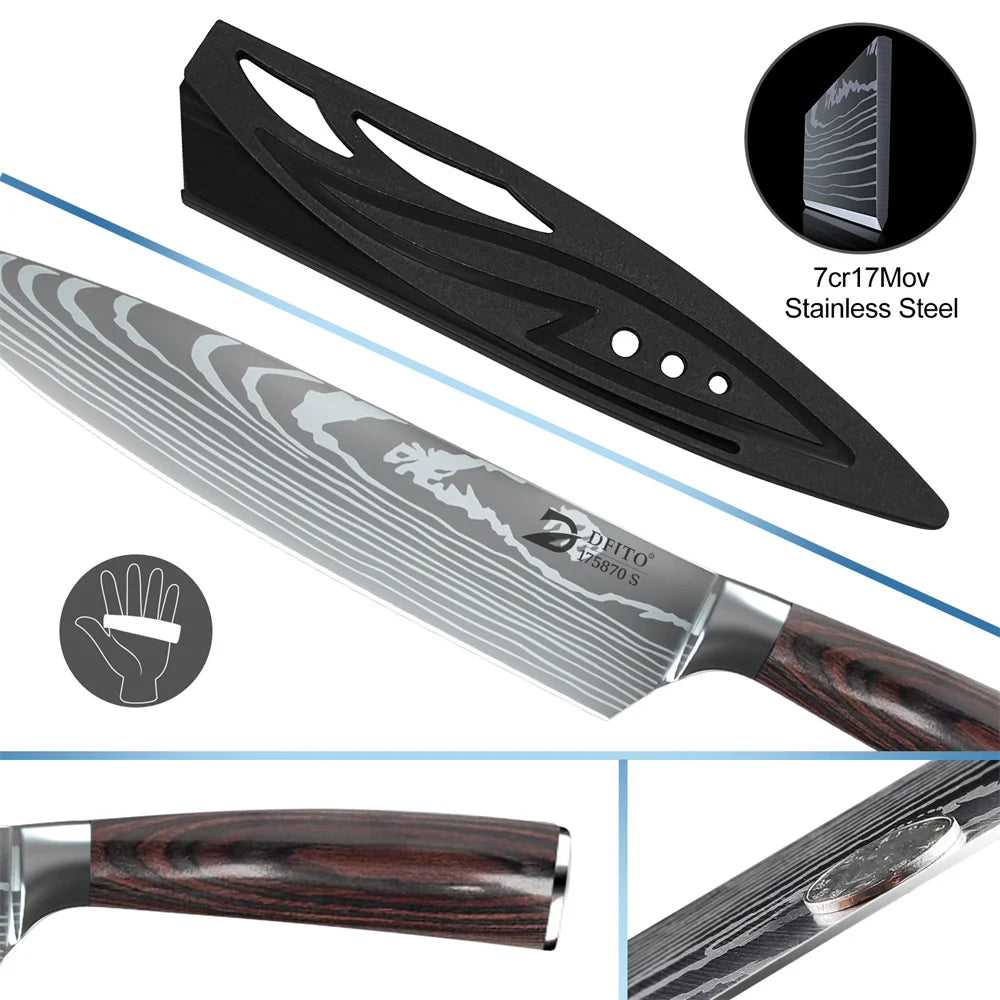 8PCS Damascus Stainless Steel Kitchen Knife Set, Super Sharp Japanese Style Chef Santoku Cleaver, Slicing Boning Utility Paring Knives Complete Cooking Cutlery Kit with Portable Protective Nylon Carry Bag for Home Kitchen Che