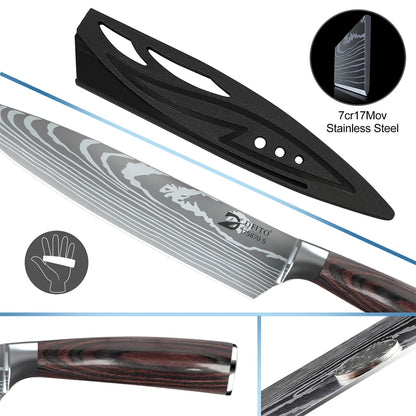 8PCS Damascus Stainless Steel Kitchen Knife Set, Super Sharp Japanese Style Chef Santoku Cleaver, Slicing Boning Utility Paring Knives Complete Cooking Cutlery Kit with Portable Protective Nylon Carry Bag for Home Kitchen Che