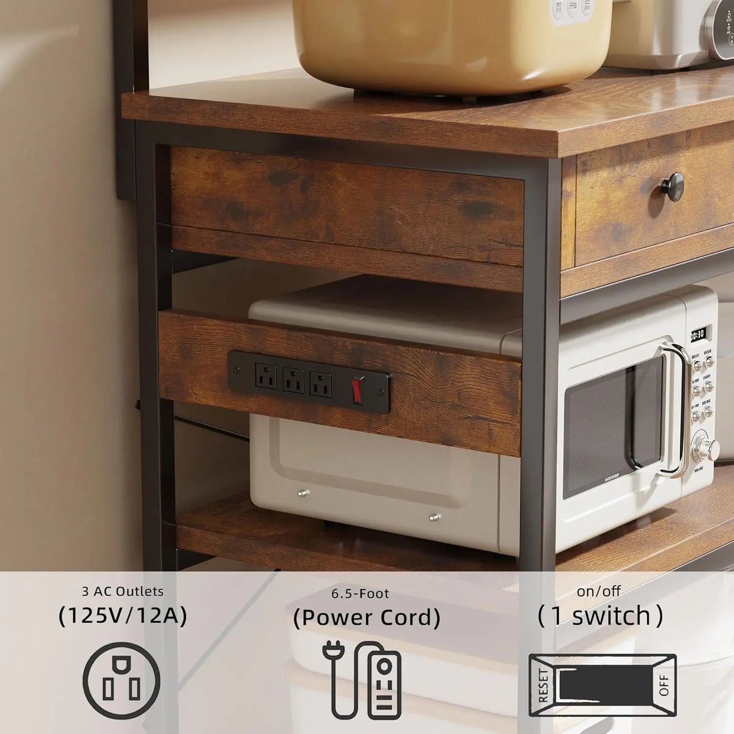 Bakers Rack with Power Outlets, 5-Tier Microwave Oven Stand with 2 Drawers,Coffee Bar Table with Storage