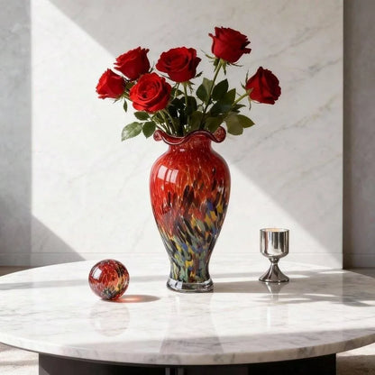 12.2H Murano Hand Blown Glass Vase, Ruffled Scalloped Rim