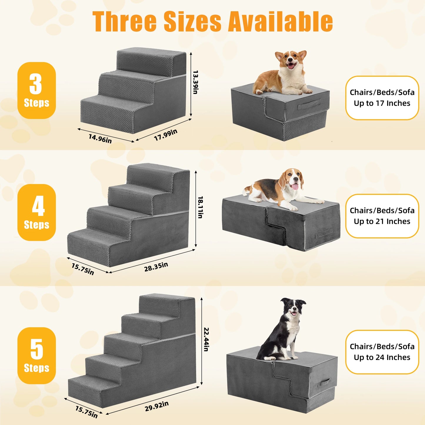 3-5 Step Right Angled Foam Dog Stairs for Small Dogs, Indoor Non-Slip