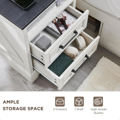 18 Inch Farmhouse Nightstands Set of 2, 2 Drawer Storage & Charging Station