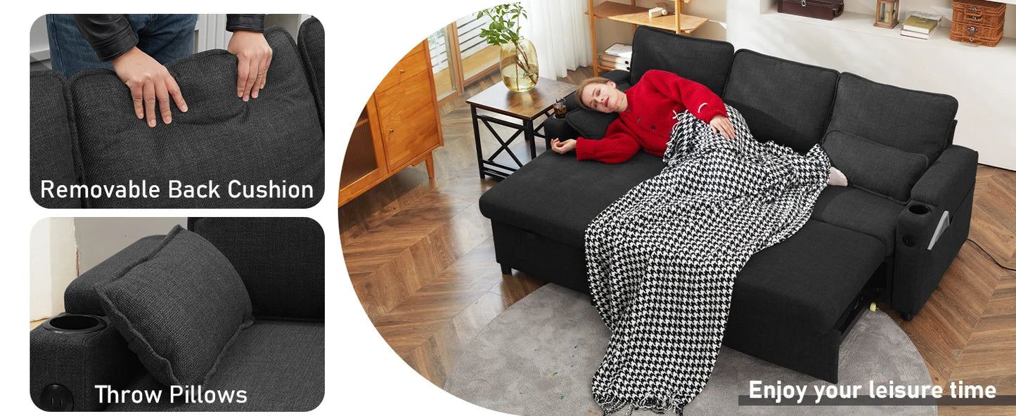Sofa Bed Sleeper w/Pull Out and Storage,USB, Cup Holder