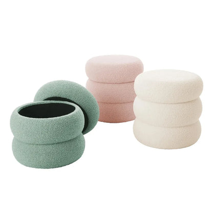 Boucle Storage Ottoman, Round Upholstered Foot Stool, Hidden Storage Bench