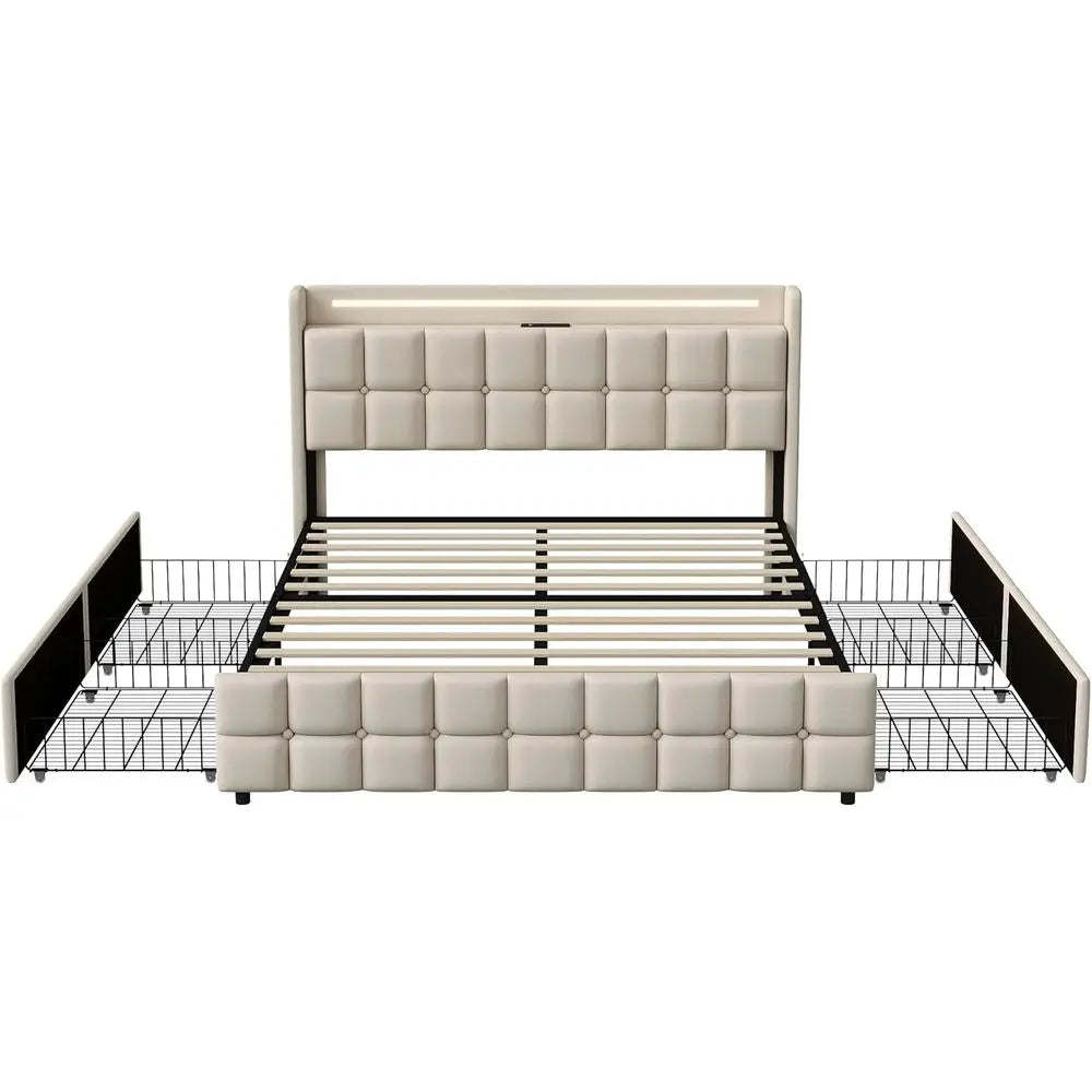 Double Bed 160x200cm with storage, Padded with Slatted Base, USB Ports, RGB Lights, Ideal for Teens