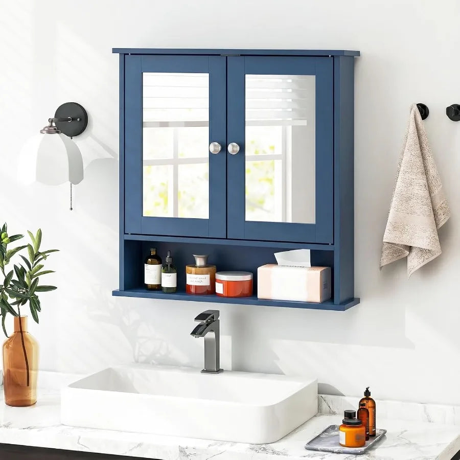 Bathroom Medicine Cabinet With Mirror, Wall Mounted Wooden Organizer With Doors And Shelves
