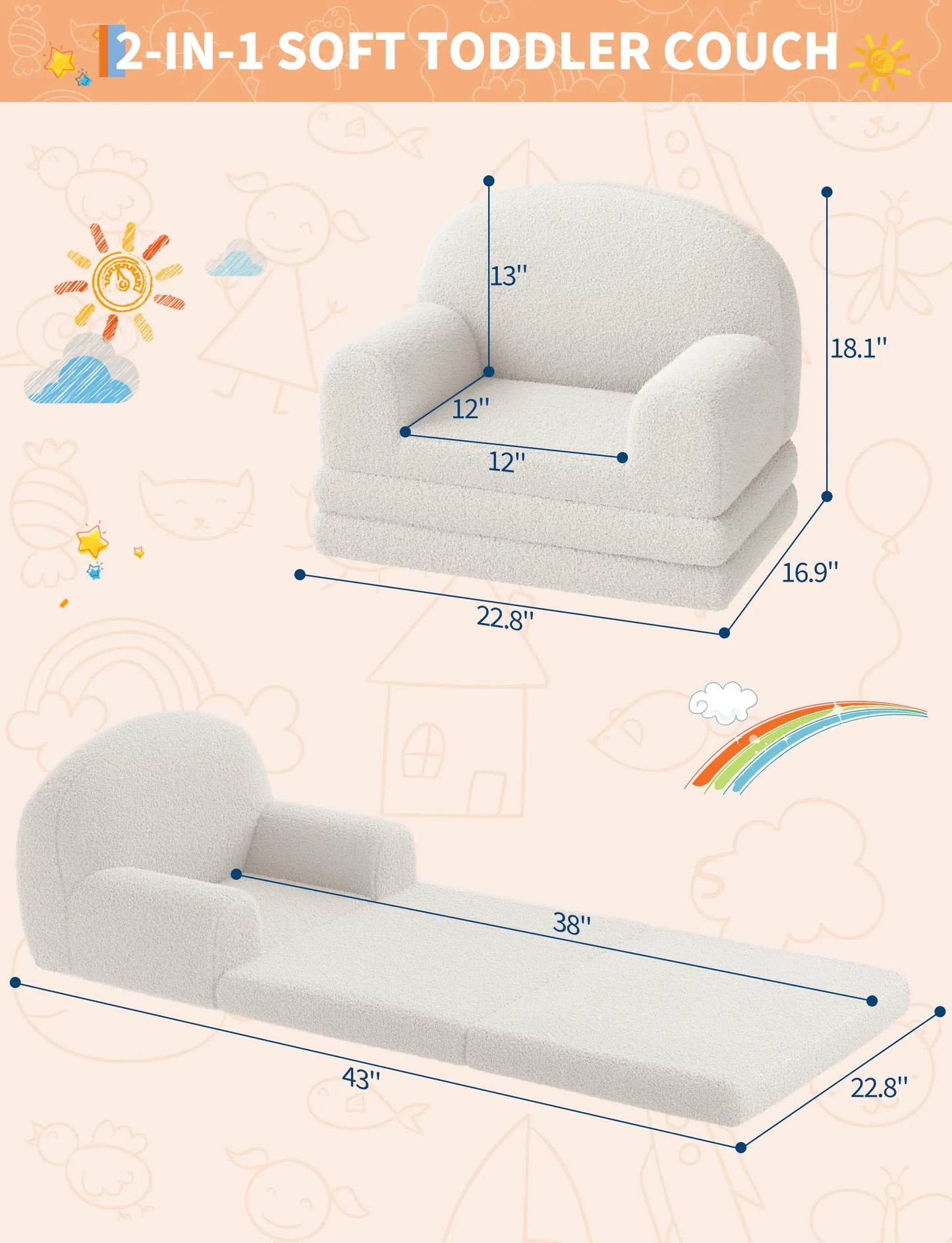2 In 1 Kids Armchair And Folding Foam Bed, Soft Sherpa Fabric, Ideal For Playroom, Kids' Bedroom