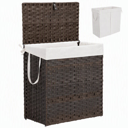 110L Laundry Basket with Lid, Foldable Wicker Laundry Hampers with Side Handles, Removable Liner, Rattan Laundry Basket with Sturdy Steel Frame