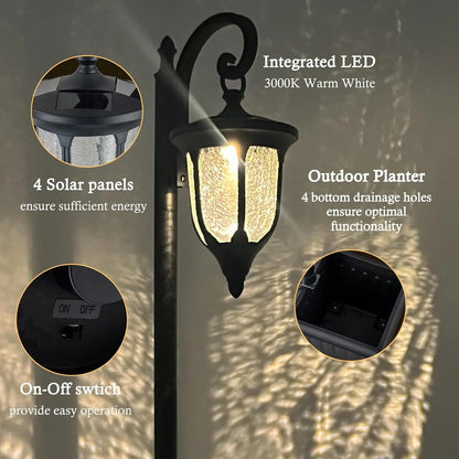 Solar Lamp Post Light with Planter, with Crackle Glass, for Garden Patio