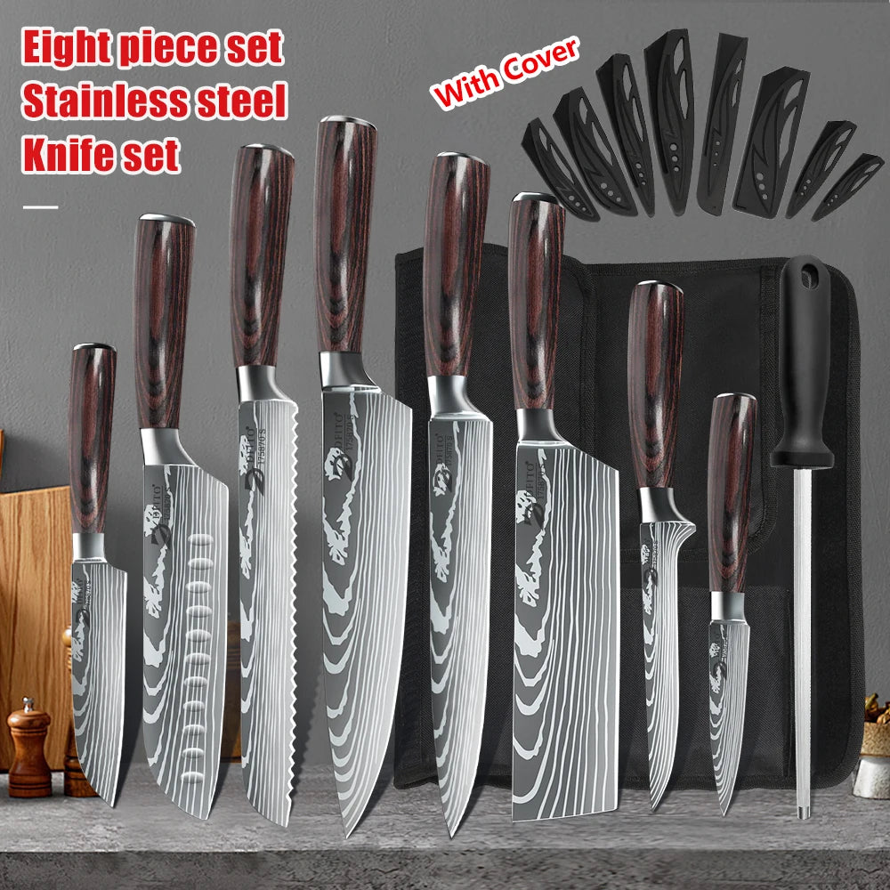 Kitchen Knife Set, Stainless Steel Chef Knife, Ultra Sharp Santoku, Cleaver ,Utility Knifes with Nylon Bag