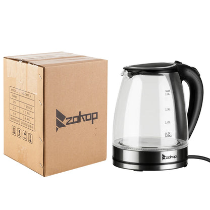 110V 1200W 1.8L Electric Glass Kettle, US Plug, Borosilicate Glass, Blue LED Auto Shut Off 360 Rotation Base