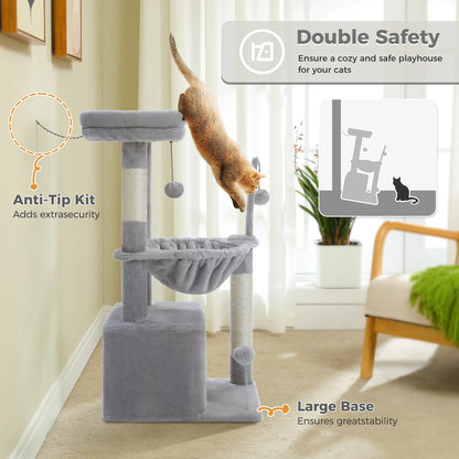 4-in-1 Cat Tree with Large Cat Condo, Sisal Scratching Post, Deep Hammock, Cozy Top Perch