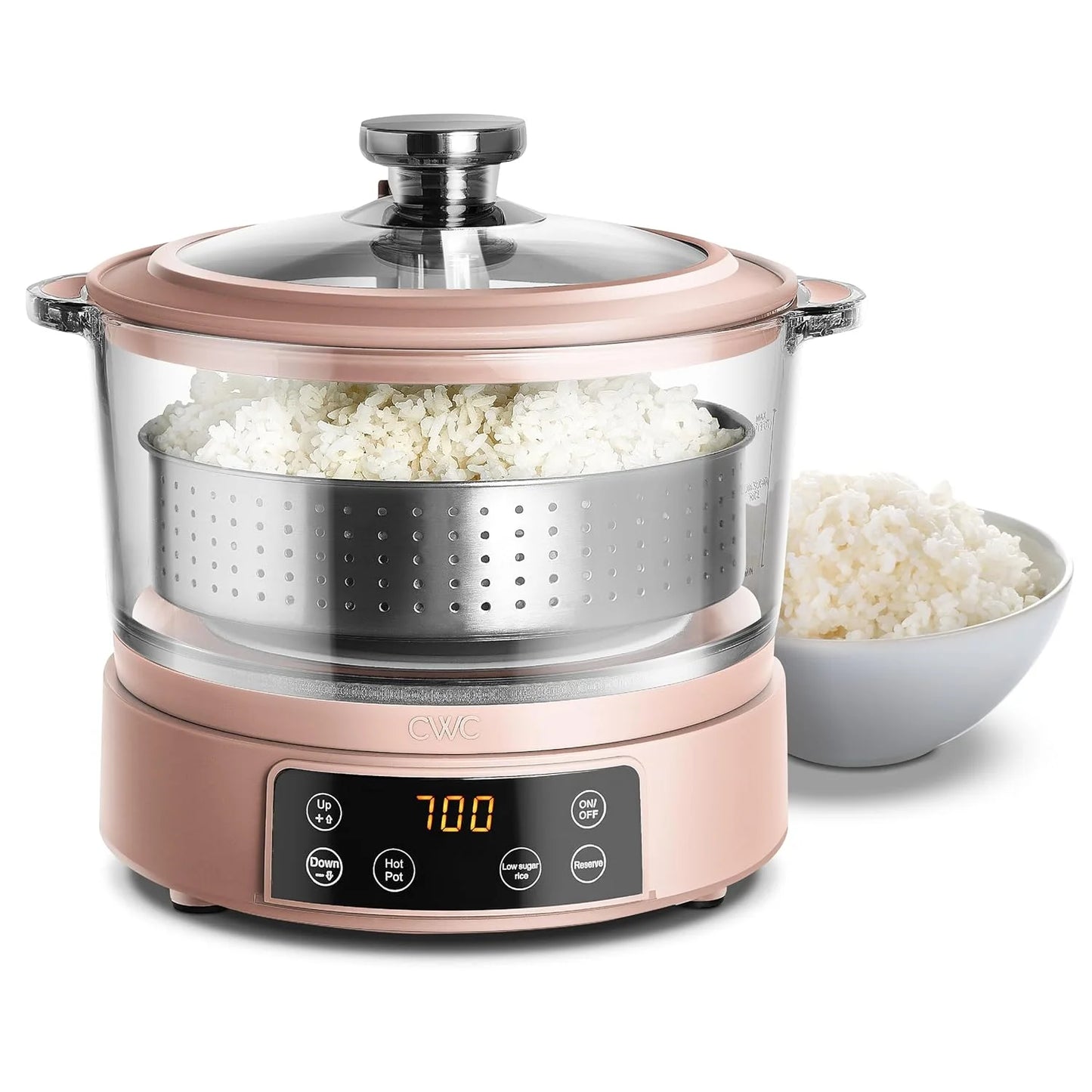 3L Glass Low Carb Rice Cooker-Makes 6 Cups with Auto Lift Filter Basket Hotpot Steamer