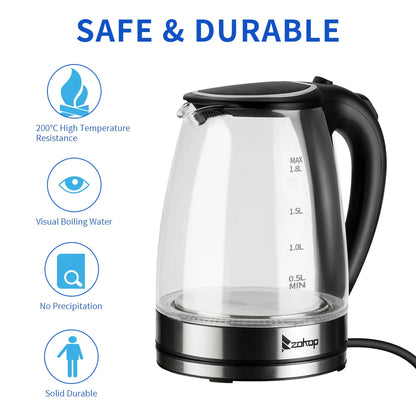 110V 1200W 1.8L Electric Glass Kettle, US Plug, Borosilicate Glass, Blue LED Auto Shut Off 360 Rotation Base