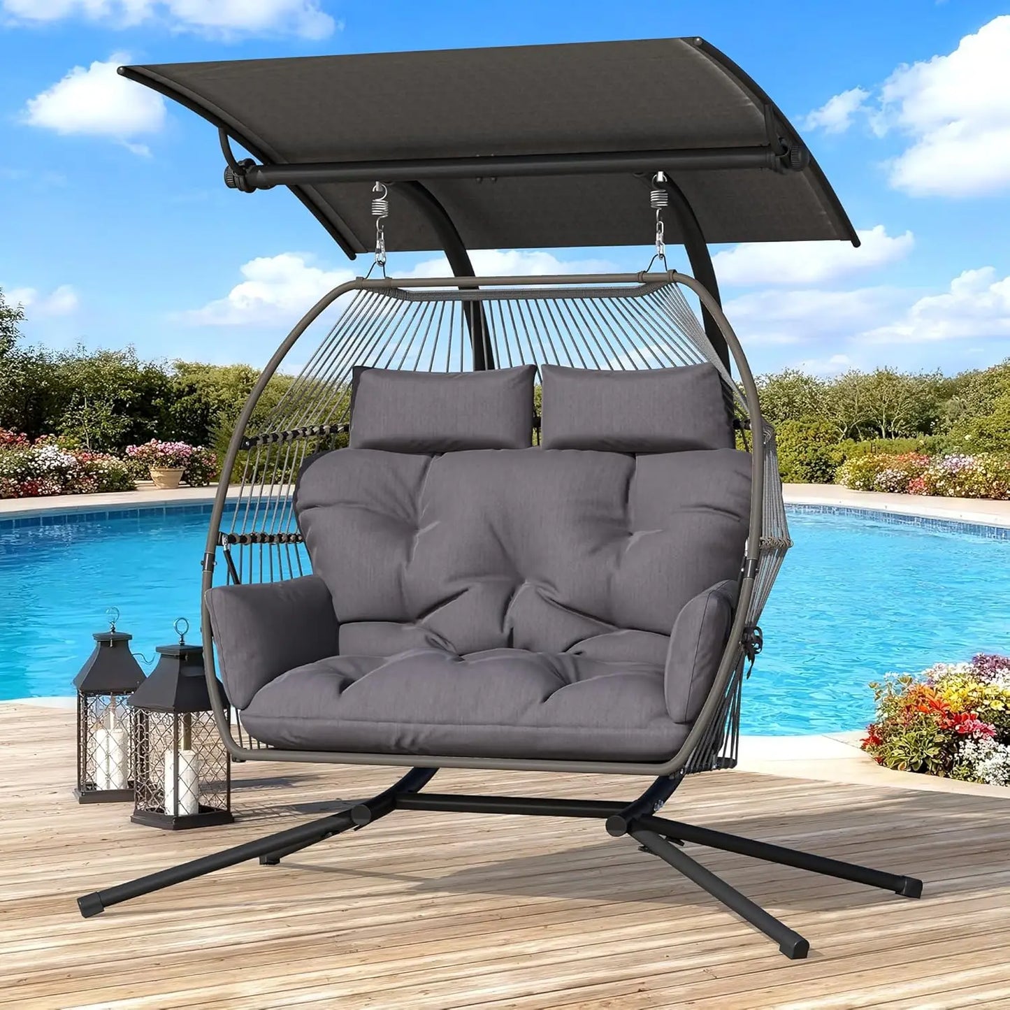 Oversized Double Hanging Swing Chair with Removable & Adjustable Canopy, Double Egg Chair