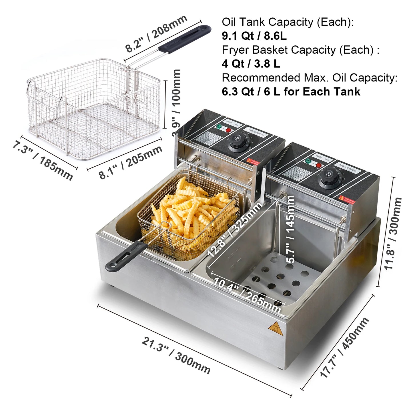 12L Electric Counter Top Deep Fryer w/Dual Removable Tanks -Commercial for Chicken French Fries Frying Chips
