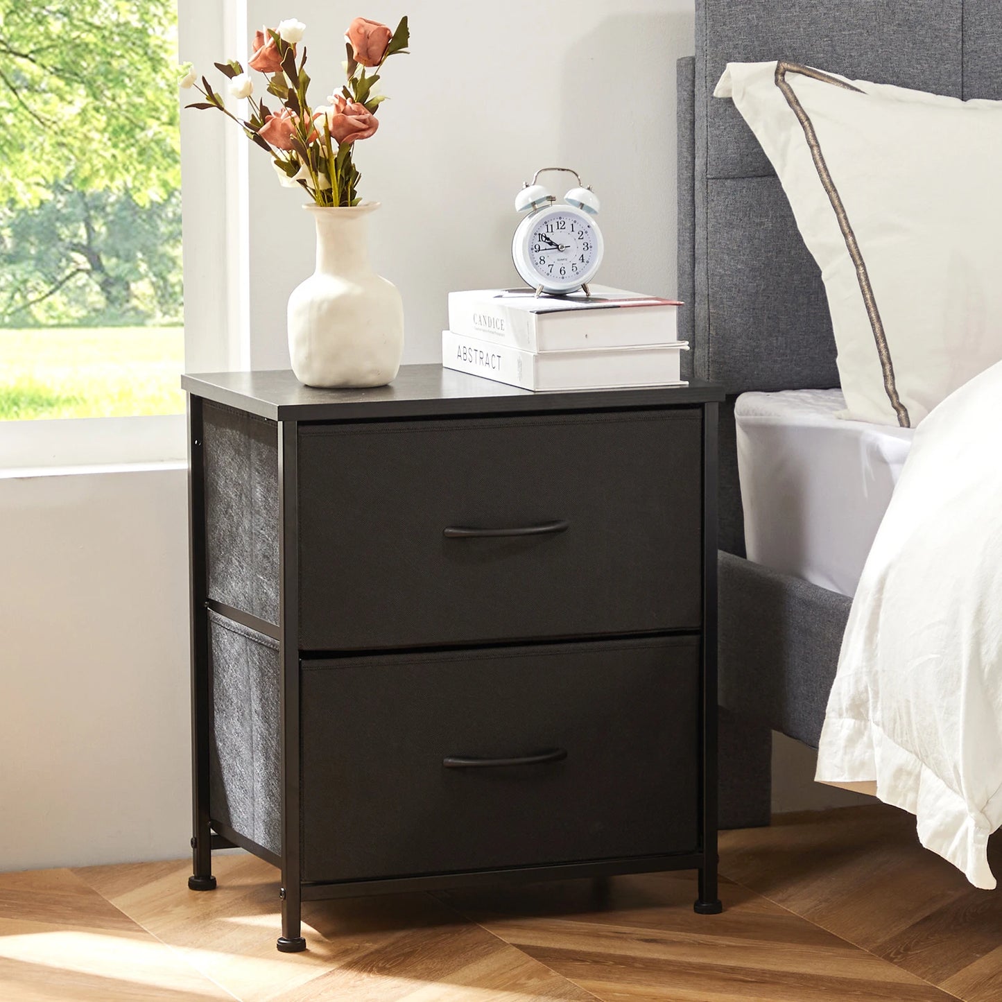 Nightstand, Table Storage For Bedroom 2 Fabric Drawers