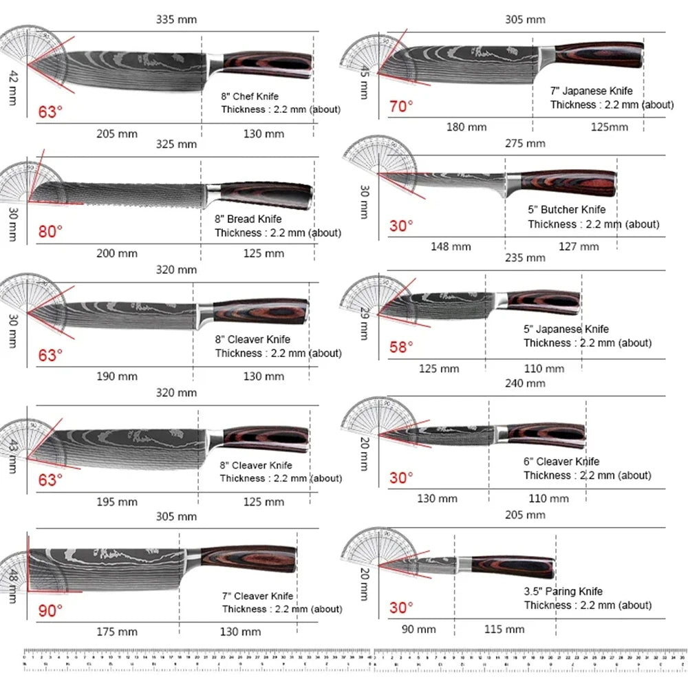 8PCS Damascus Stainless Steel Kitchen Knife Set, Super Sharp Japanese Style Chef Santoku Cleaver, Slicing Boning Utility Paring Knives Complete Cooking Cutlery Kit with Portable Protective Nylon Carry Bag for Home Kitchen Che