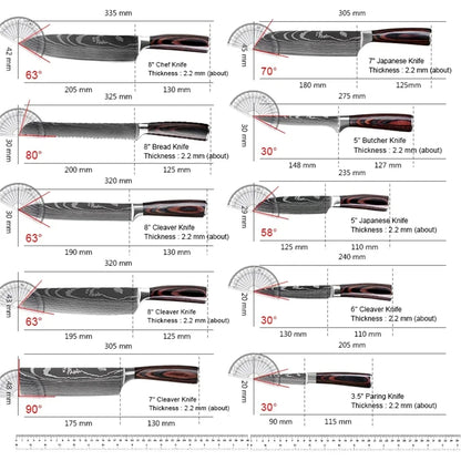 8PCS Damascus Stainless Steel Kitchen Knife Set, Super Sharp Japanese Style Chef Santoku Cleaver, Slicing Boning Utility Paring Knives Complete Cooking Cutlery Kit with Portable Protective Nylon Carry Bag for Home Kitchen Che