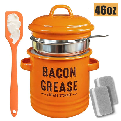 46 Oz Grease Container with Filter, Scraper, Strainer & Silicone Spatula, Dishwasher Safe