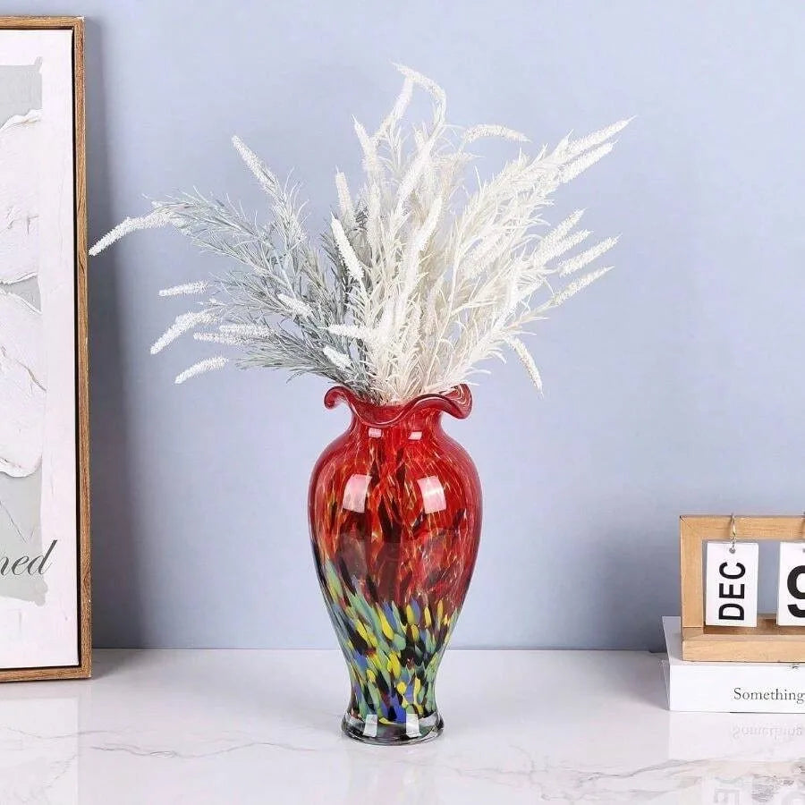 12.2H Murano Hand Blown Glass Vase, Ruffled Scalloped Rim