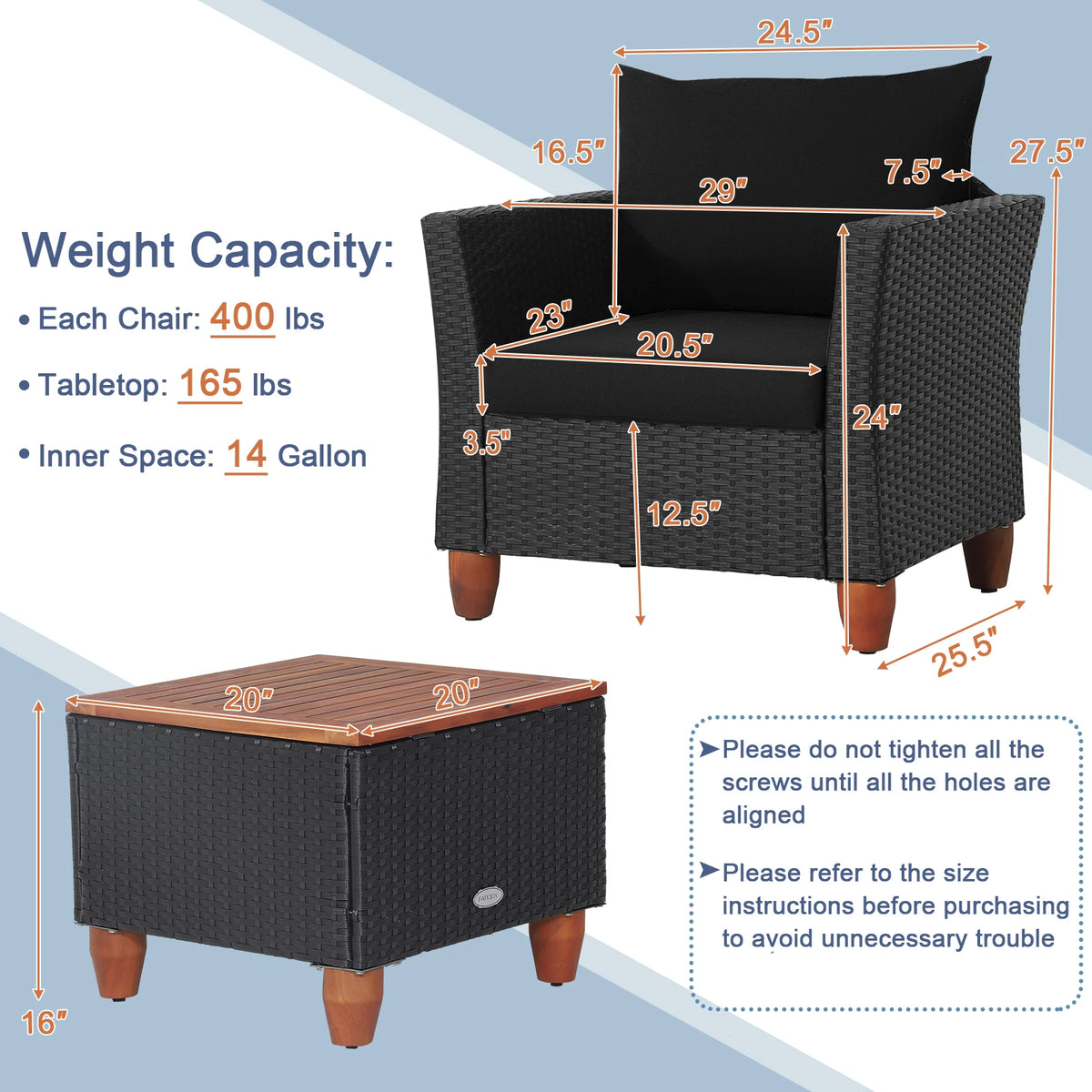 3PCS Patio Rattan Furniture Set, Cushioned Sofa, Storage Table with Wood Top, Black