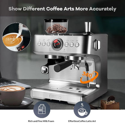 Espresso Machine with Grinder,20 Bar pressure with PID Control Milk Frother, Steam Wand 95Oz Water Tank