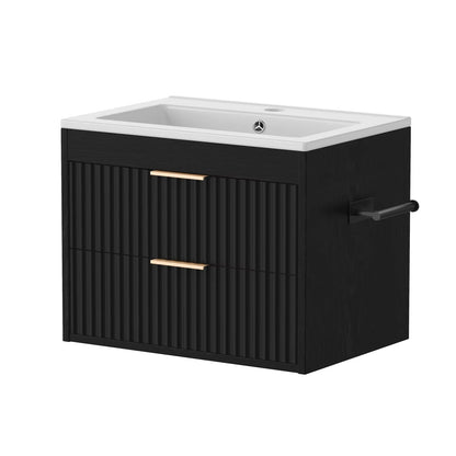 24' Floating Bathroom Vanity with Sink, Modern Wall Mounted Cabinet, 2 Drawers with Black Handles, for Bathroom/Laundry Room