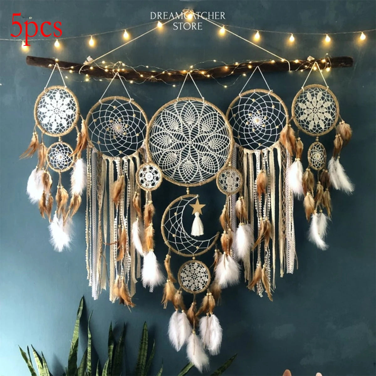 5-piece large Dream Catcher Set, handcrafted, Bohemian wall decoration