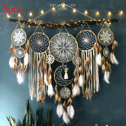 5-piece large Dream Catcher Set, handcrafted, Bohemian wall decoration