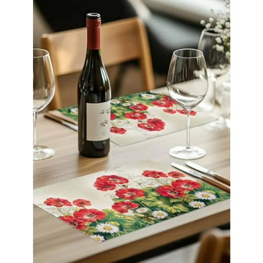 Set of 4 Summer Botanical Blossom Place Mats for Dining Tables, Washable
