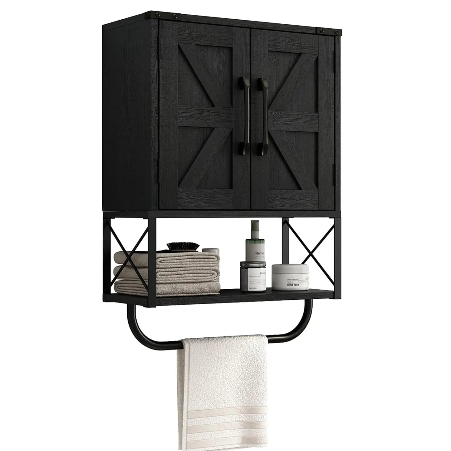 Farmhouse Rustic Medicine Cabinet With Two Barn Doors,Wood, Wall Mounted With Adjustable Shelf And Towel Bar