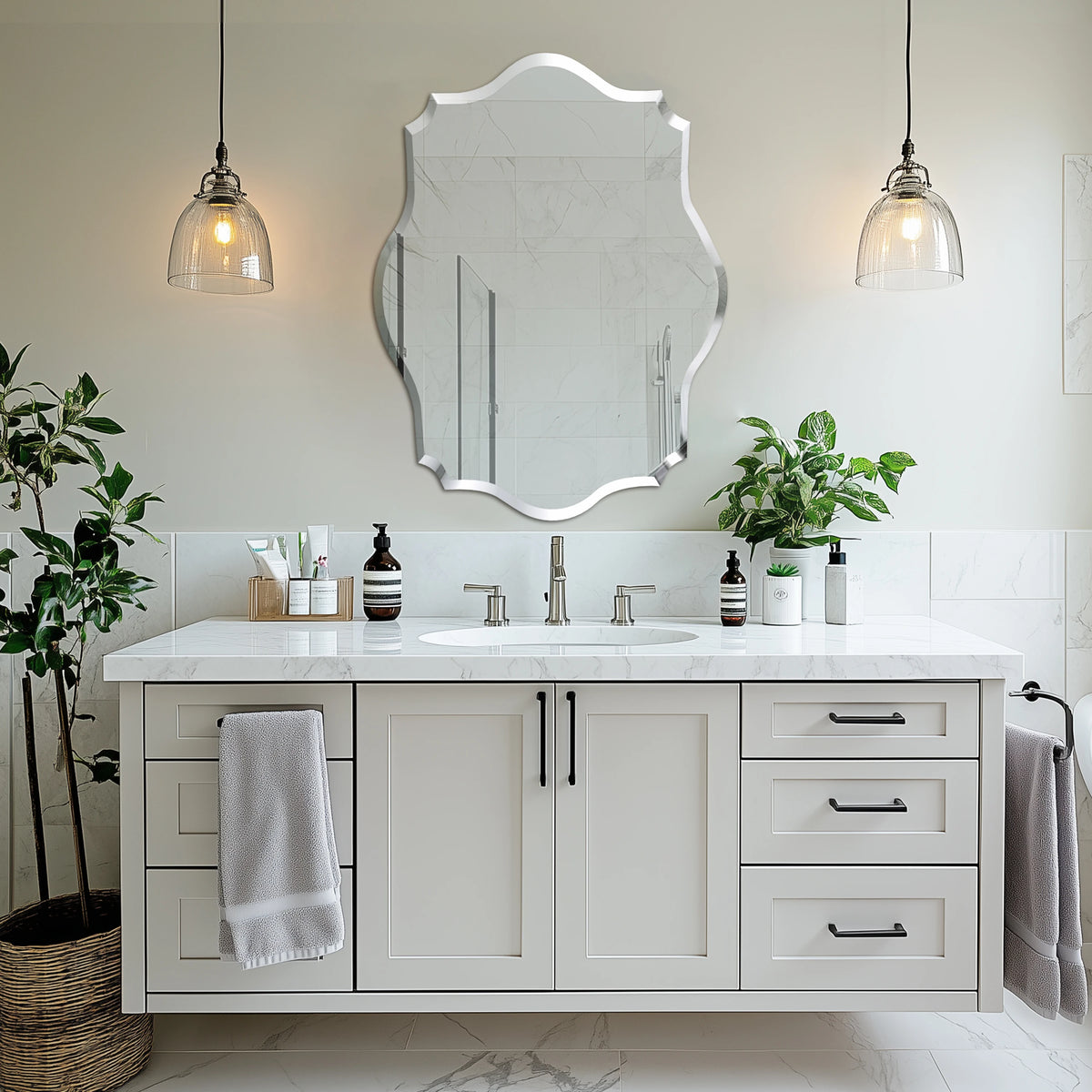 Wall Mirror, Scalloped Frameless Beveled Edge, Polished for Bathroom, Living Room, Vanity, Bedroom, Slive