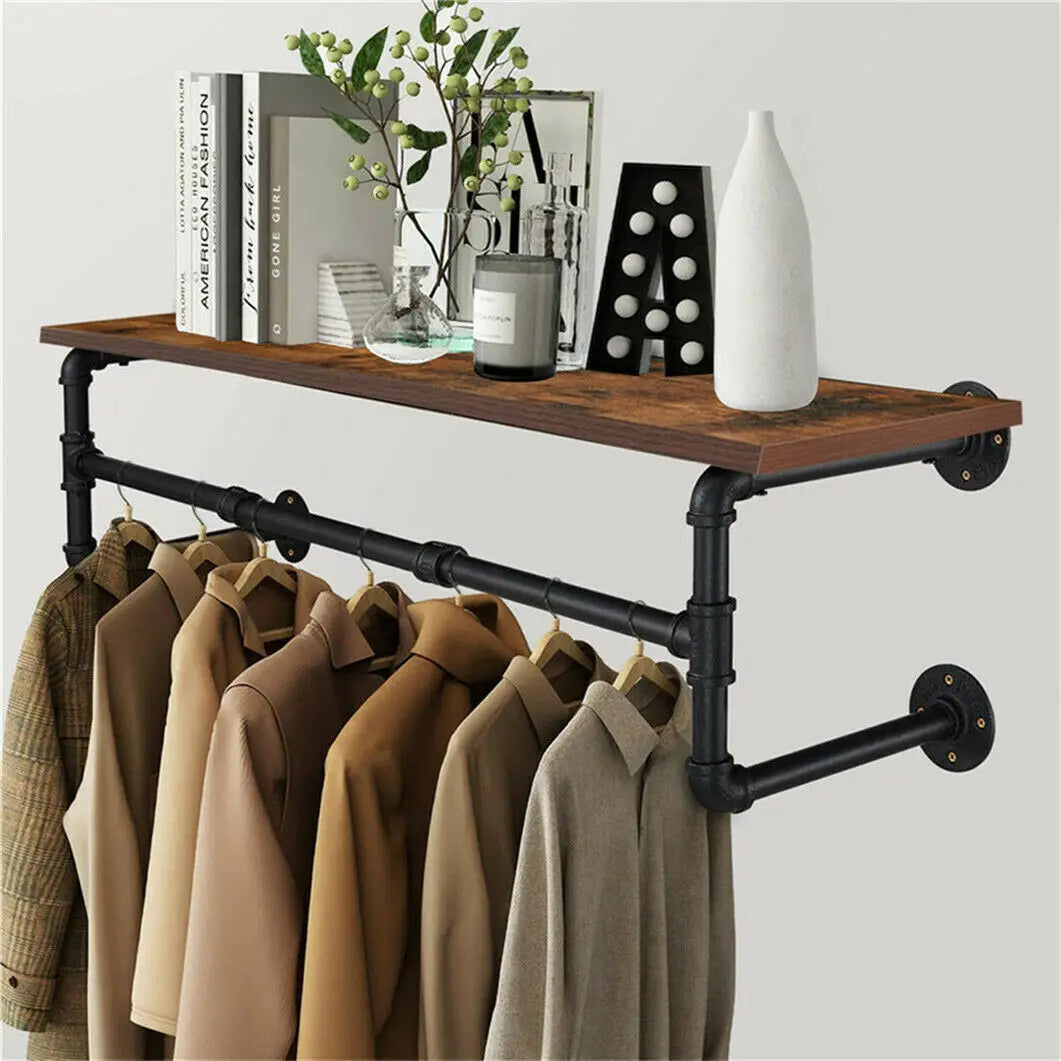 Industrial Pipe Clothing Rack, Wall Mounted Wood Shelf, Pipe Shelving