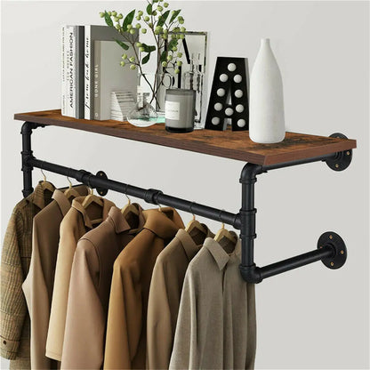 Industrial Pipe Clothing Rack, Wall Mounted Wood Shelf, Pipe Shelving