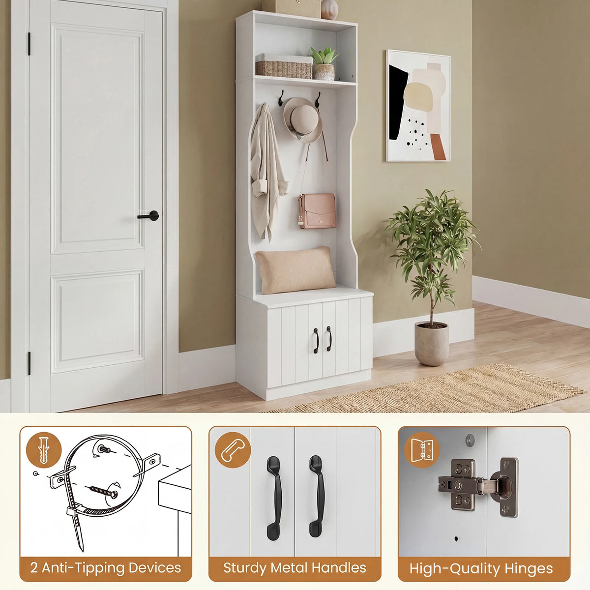 3-in-1 Hall Tree w/ Bench Storage, Adjustable Shelves with Hanging Hooks for Entryway