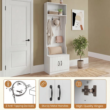 3-in-1 Hall Tree w/ Bench Storage, Adjustable Shelves with Hanging Hooks for Entryway
